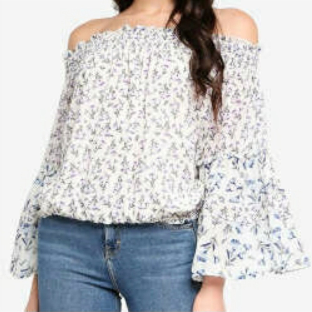 FREE PEOPLE Rose Valley Floral Printed Oversized Off the Shoulder Blouse EUC XS